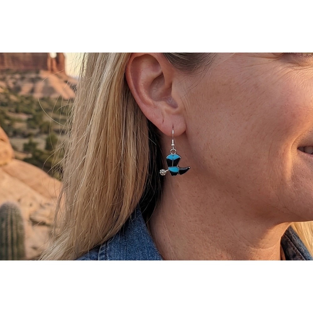Zuni Silver Cowboy Boot Earrings Turquoise Inlay Western Dangle Signed K Quam **